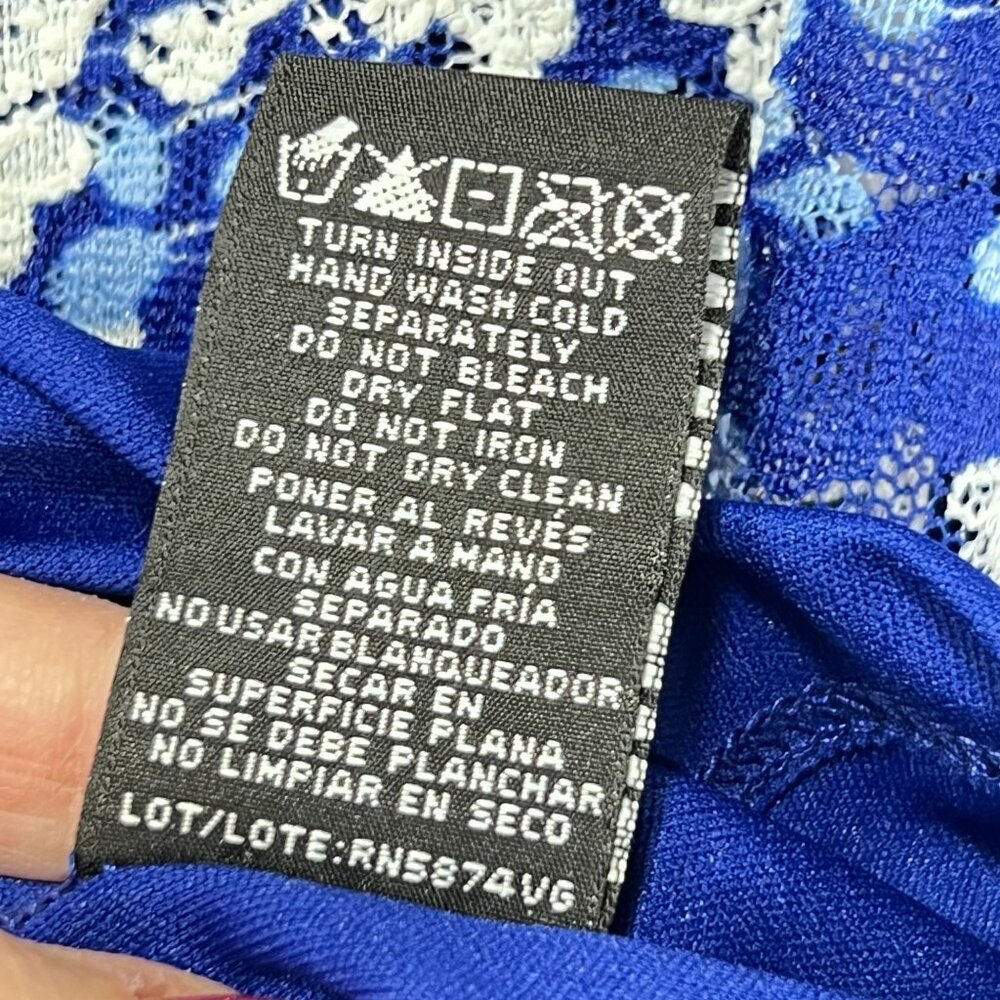 RN Studio Ronni Nicole Dress Blue Handkerchief Hem Flowy Lace Overlay Lined 16 - Picture 9 of 13